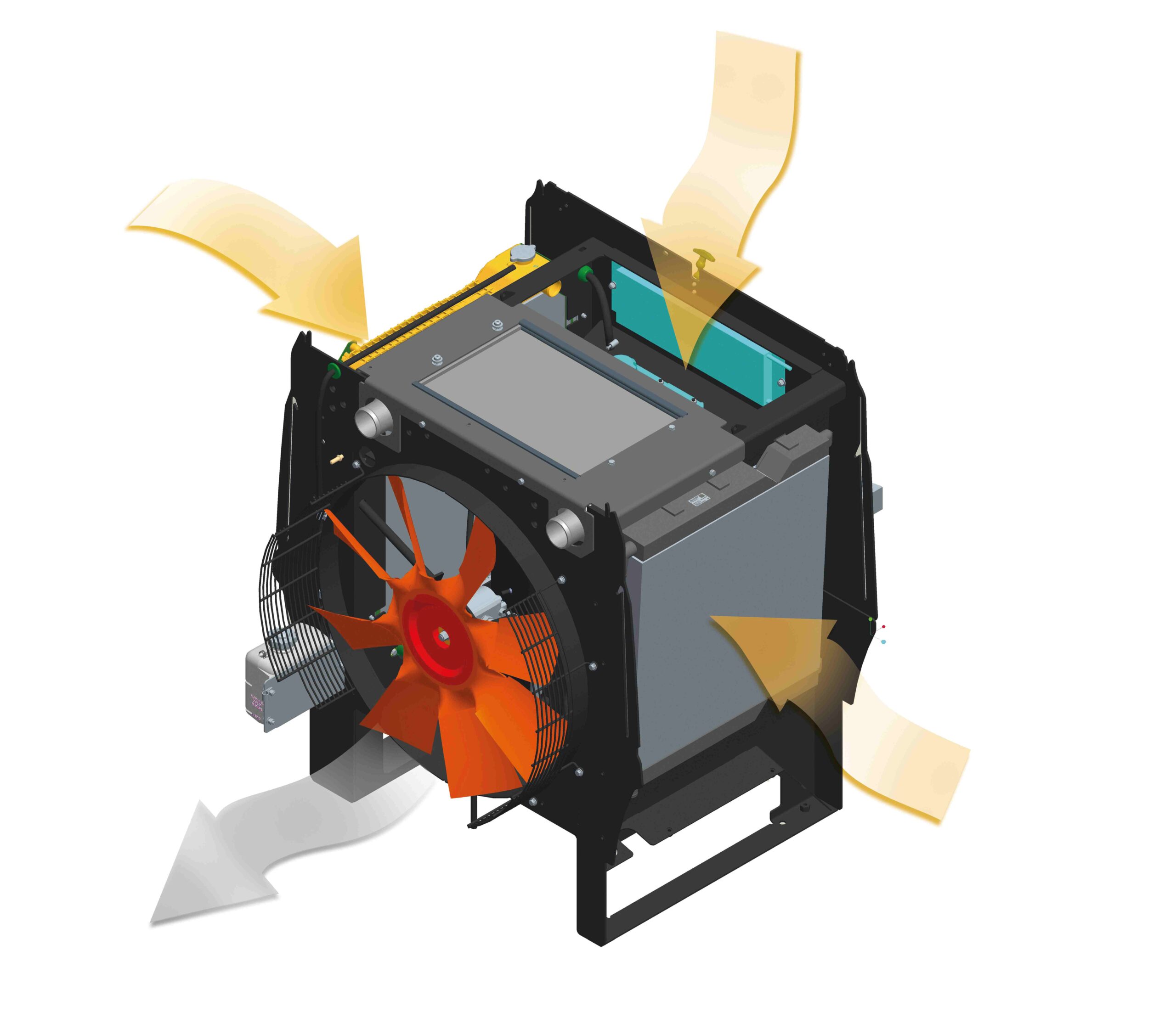 Infografía del Sistema de refrigeración avanzado de W170D+ Forage Power y cómo entra y sale el aire